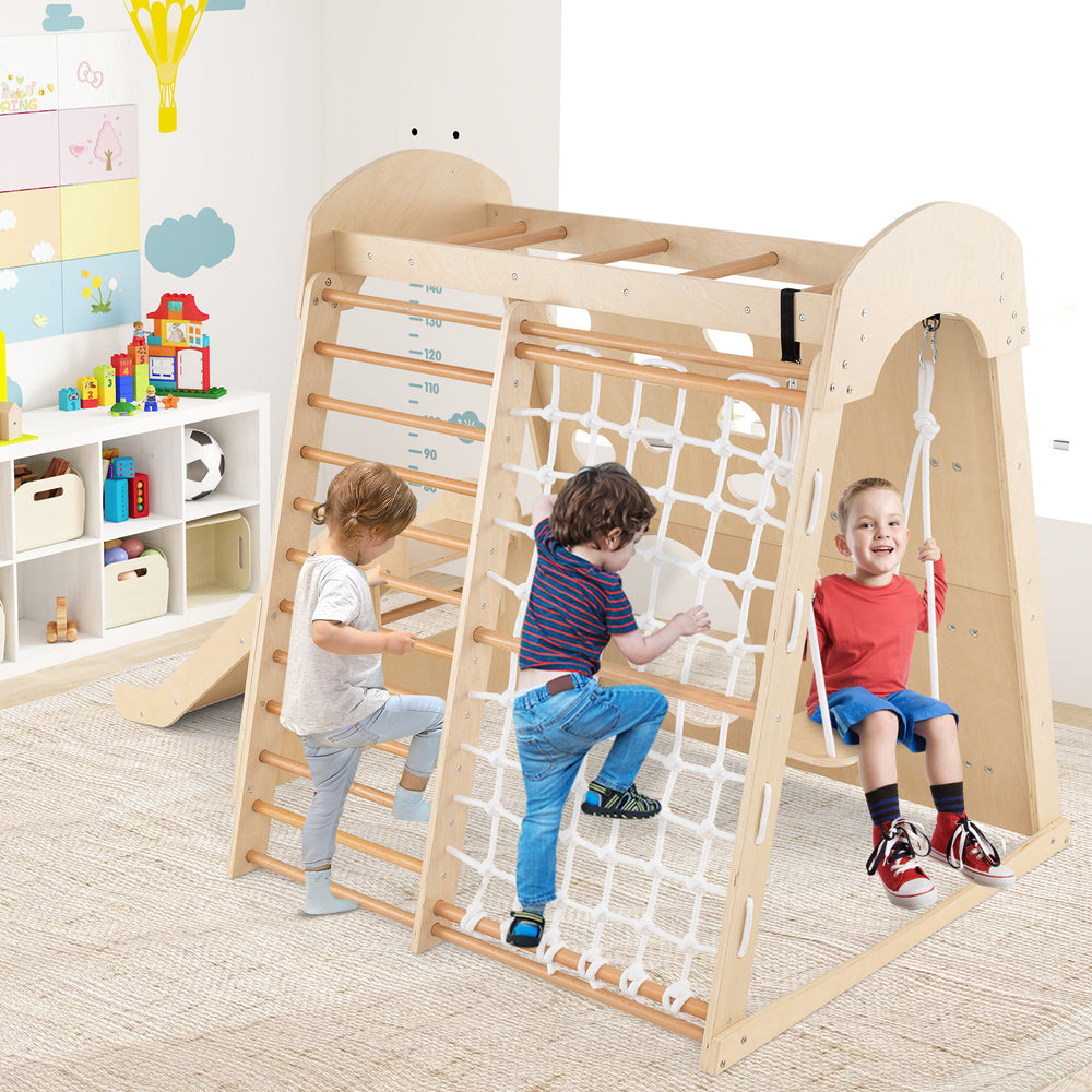 Indoor jungle gym featuring a climbing wall and swing, made of sturdy beech wood for safe play and active fun.
