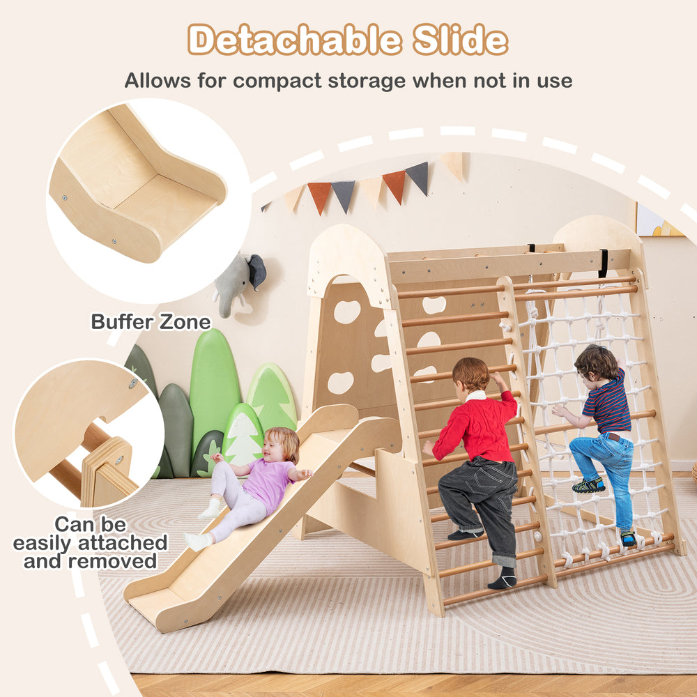 Detachable slide and climbing wall of the 8-in-1 indoor jungle gym, made from sturdy beech wood for safe play.