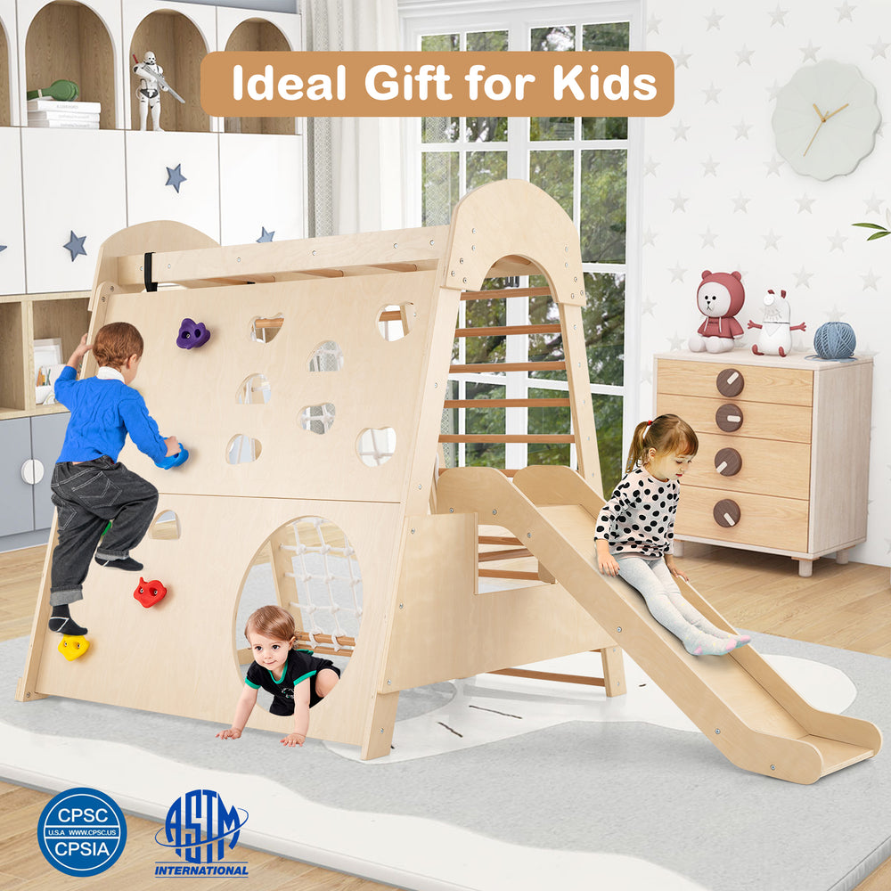 Indoor jungle gym with slide and climbing wall in natural wood, perfect for kids aged 3+, promotes active play and.