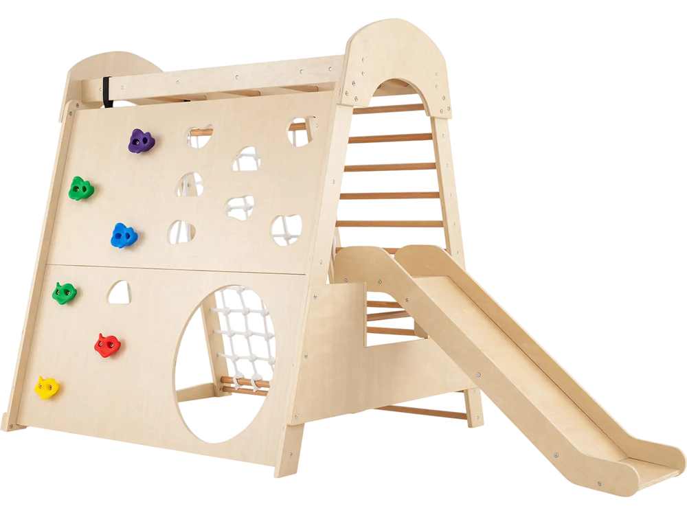 Indoor jungle gym with climbing wall and slide, made of sturdy beech wood, ideal for active play for kids aged 3+.