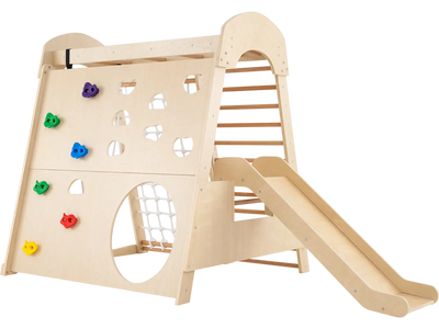 Costway 8-in-1 Indoor Wooden Jungle Gym Playground Swing Climbing Wall Slide 916457382 New