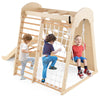 Indoor jungle gym with swing and climbing wall, made of sturdy beech wood, perfect for active play for kids aged 3+.