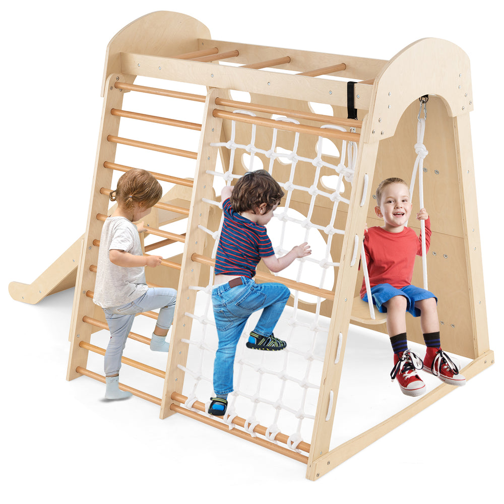 Indoor jungle gym with swing and climbing wall, made of sturdy beech wood, perfect for active play for kids aged 3+.