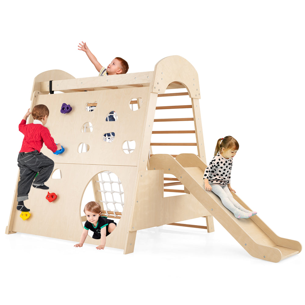 Indoor jungle gym with climbing wall and slide, made of sturdy beech wood, perfect for active play for up to 4 kids.