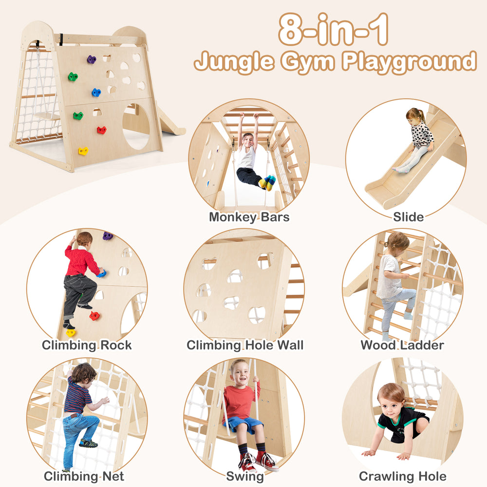8-in-1 indoor jungle gym playground featuring a climbing wall, slide, and swing made of sturdy beech wood for active.