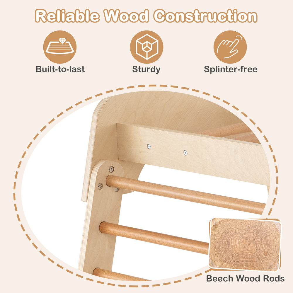 Detail of the beech wood rods in the 8-in-1 indoor jungle gym, showcasing sturdy, splinter-free construction for safe.