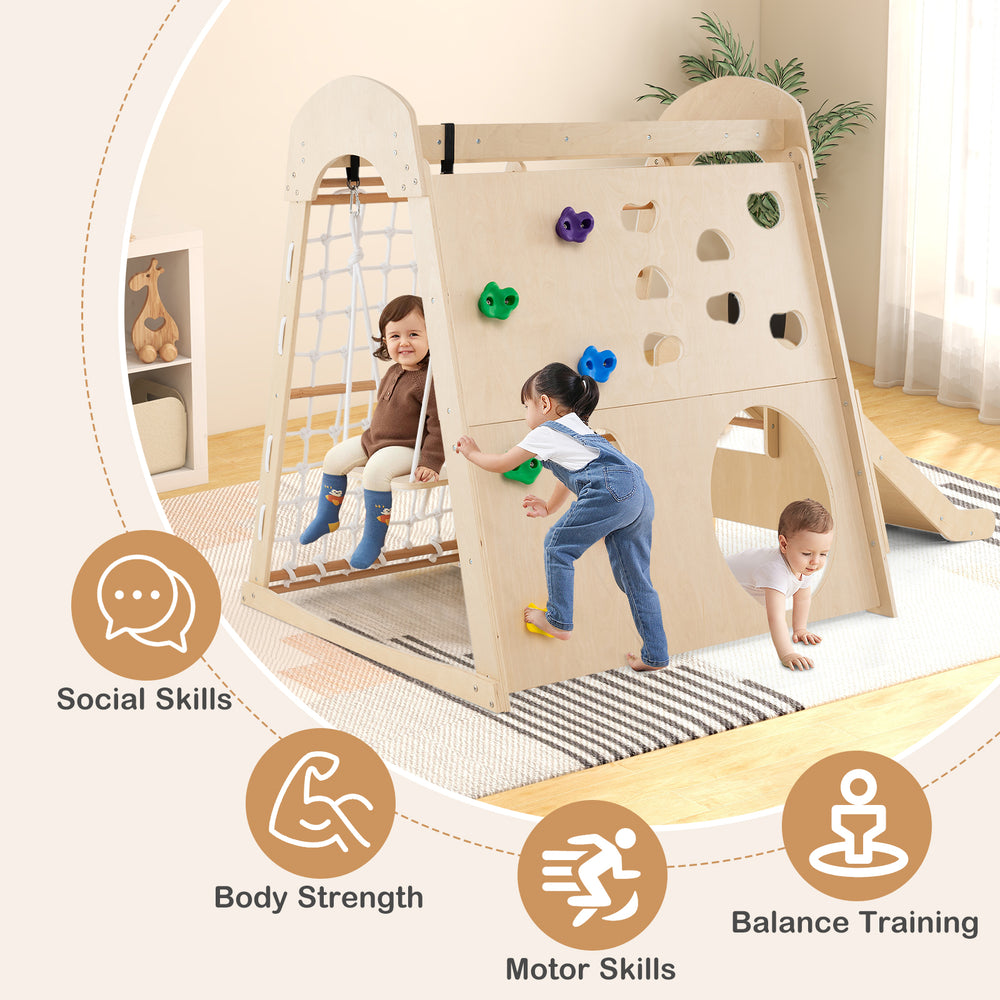 Indoor jungle gym with climbing wall and swing, made of sturdy beech wood, promotes motor skills and balance training.