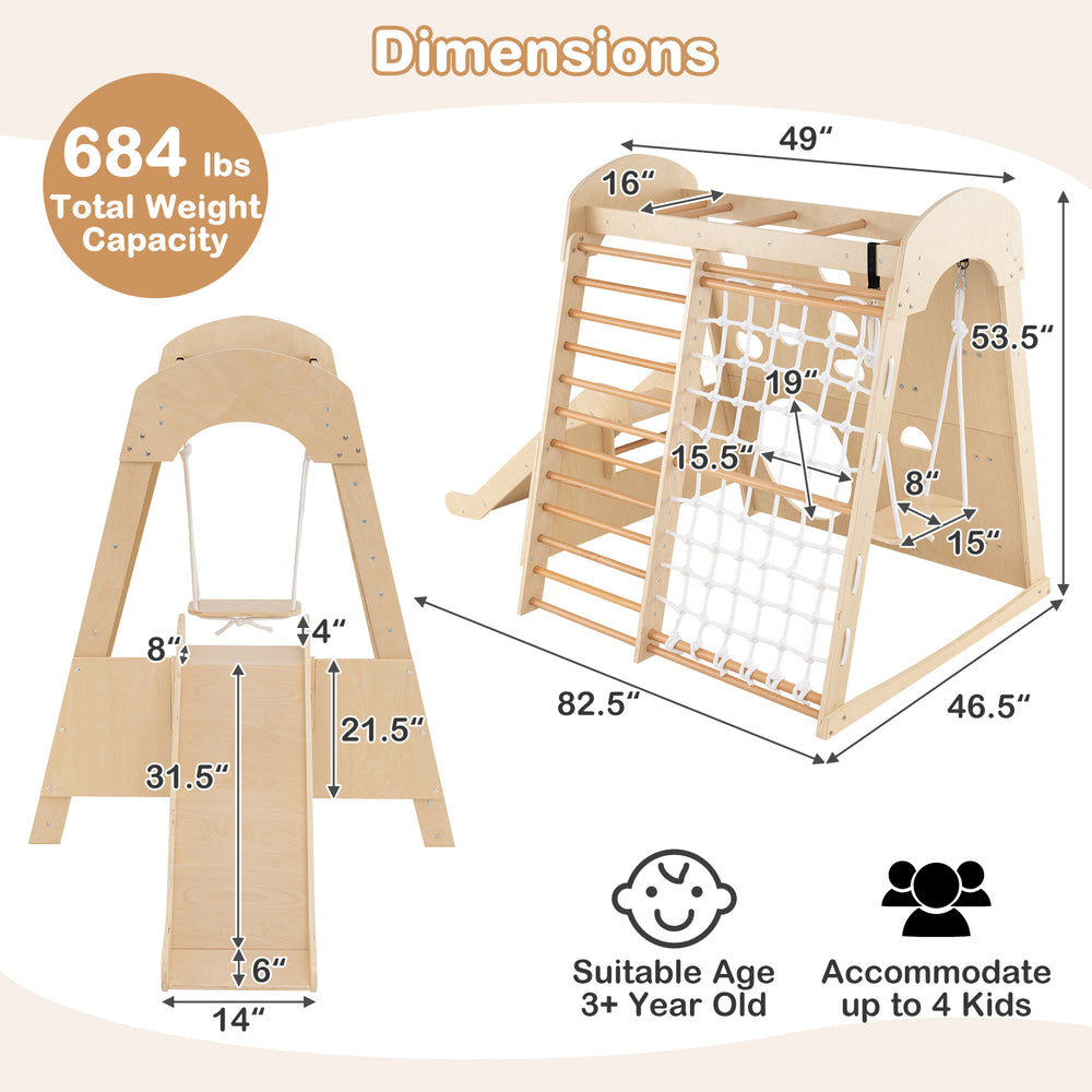 8-in-1 indoor jungle gym with swing and climbing wall, made of sturdy beech wood, suitable for kids aged 3+.