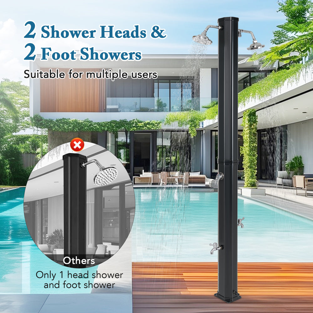 Outdoor shower with dual swivel heads and foot showers, made from PVC and ABS, ideal for poolside use.
