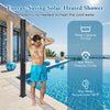 Outdoor solar-heated shower with dual shower heads, 9.3-gallon capacity, ideal for poolside and beach use.