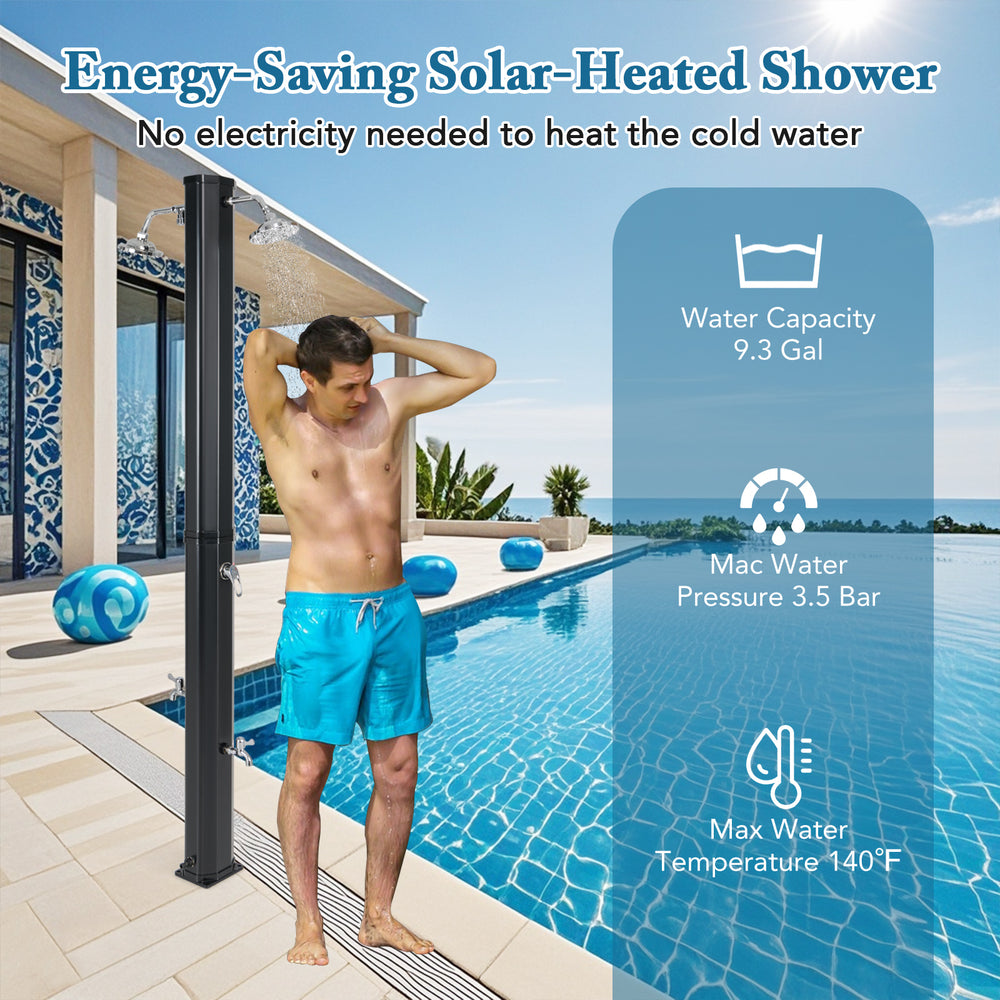 Outdoor solar-heated shower with dual shower heads, 9.3-gallon capacity, ideal for poolside and beach use.