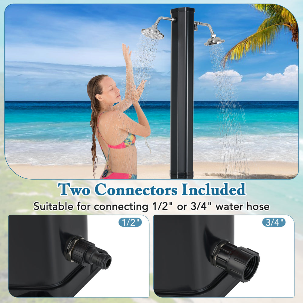 Solar heated outdoor shower with dual shower heads, featuring 1/2" and 3/4" hose connectors for versatile use.