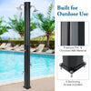 Solar heated outdoor shower with dual shower heads, made of PVC and ABS, ideal for poolside use.