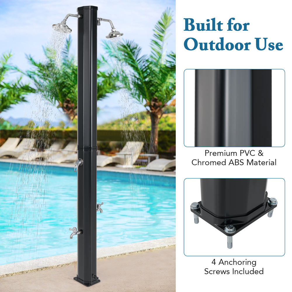Solar heated outdoor shower with dual shower heads, made of PVC and ABS, ideal for poolside use.