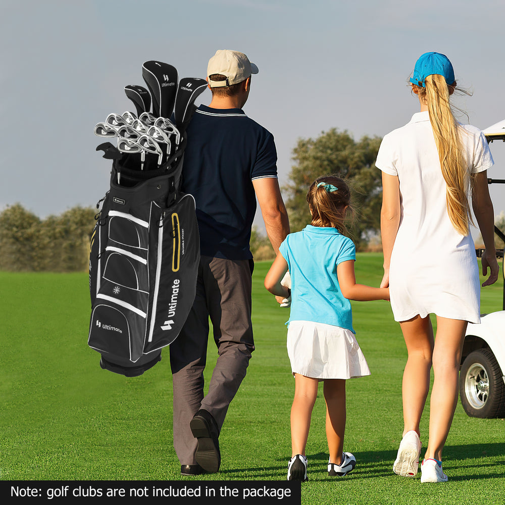 Lightweight 9.5-inch black golf cart bag with 15-way top dividers and multiple pockets, ideal for transporting clubs.