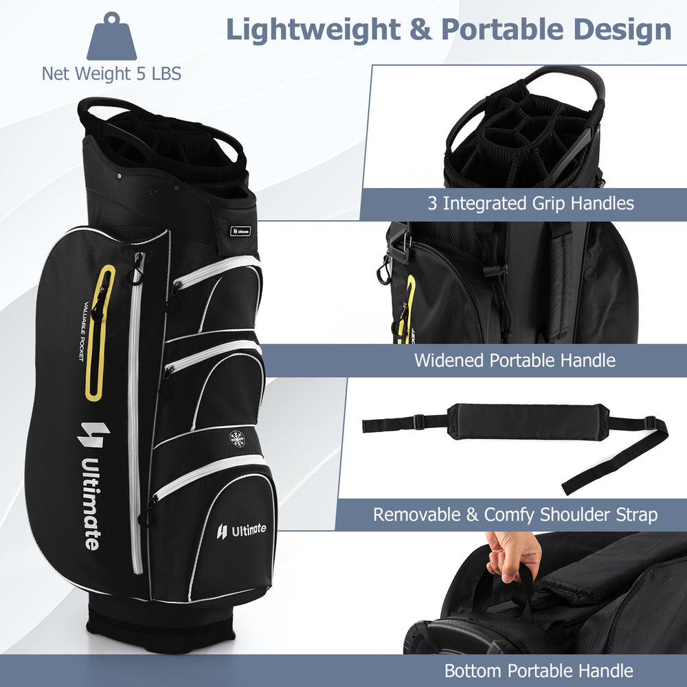 Lightweight golf cart bag in black with 15-way top dividers, featuring multiple pockets and a comfortable shoulder.