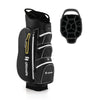 Lightweight black golf cart bag with 15-way top dividers, 7 pockets, and rain hood for club protection.