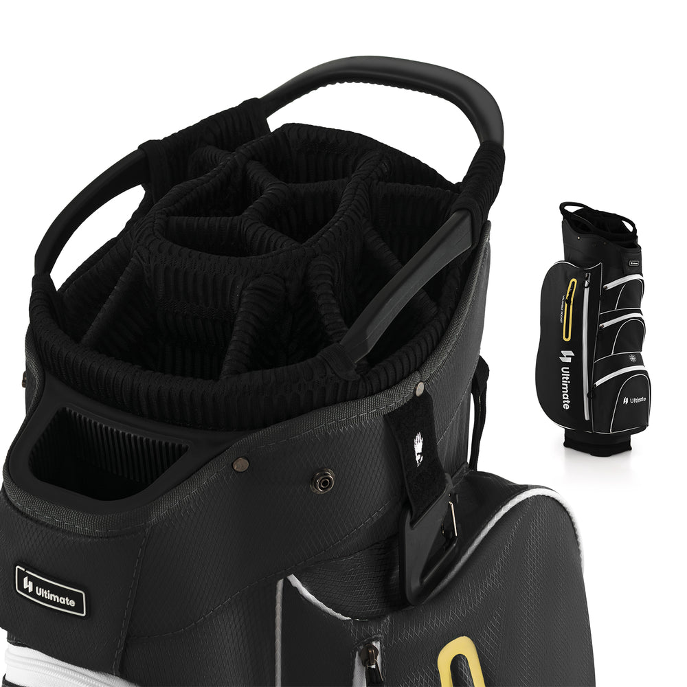 Lightweight black golf cart bag featuring a 15-way top organizer, 7 zipper pockets, and a rain hood for club protection.