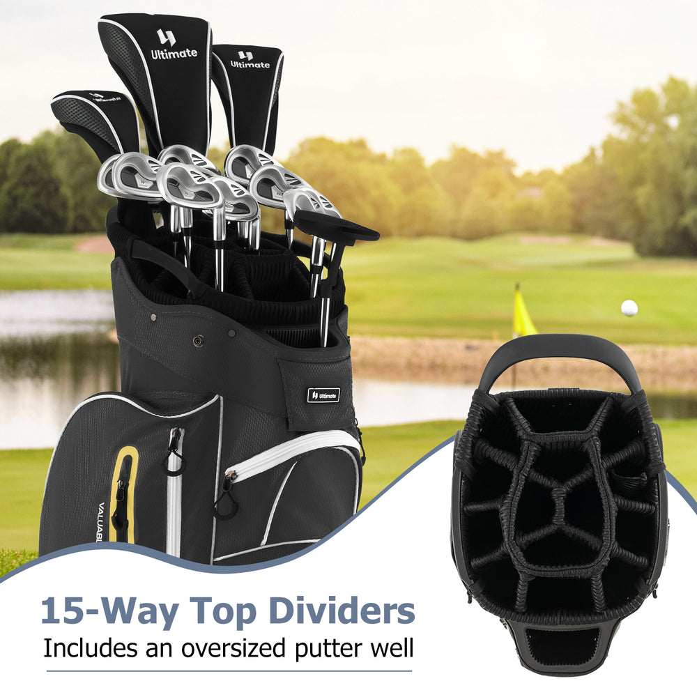 Lightweight black golf cart bag with 15-way top dividers and oversized putter well, designed for easy transport and.