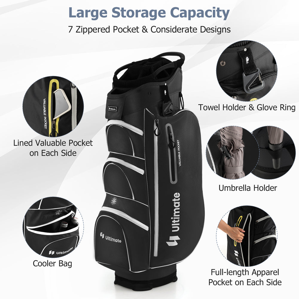 Lightweight 9.5-inch golf cart bag in black with 15-way top dividers and 7 zipper pockets for convenient storage.