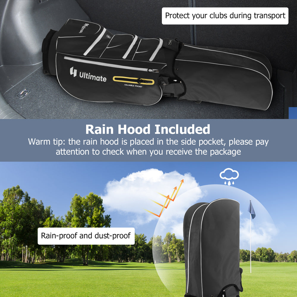 Lightweight 9.5-inch black golf cart bag with 15-way top dividers and rain hood, ideal for club protection during.