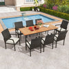 9-piece patio dining set featuring an acacia wood table and 8 rattan-woven chairs with cushions, ideal for outdoor.