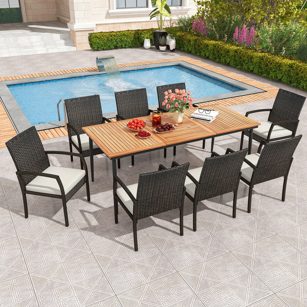 9-piece patio dining set featuring an acacia wood table and 8 rattan-woven chairs with cushions, ideal for outdoor.