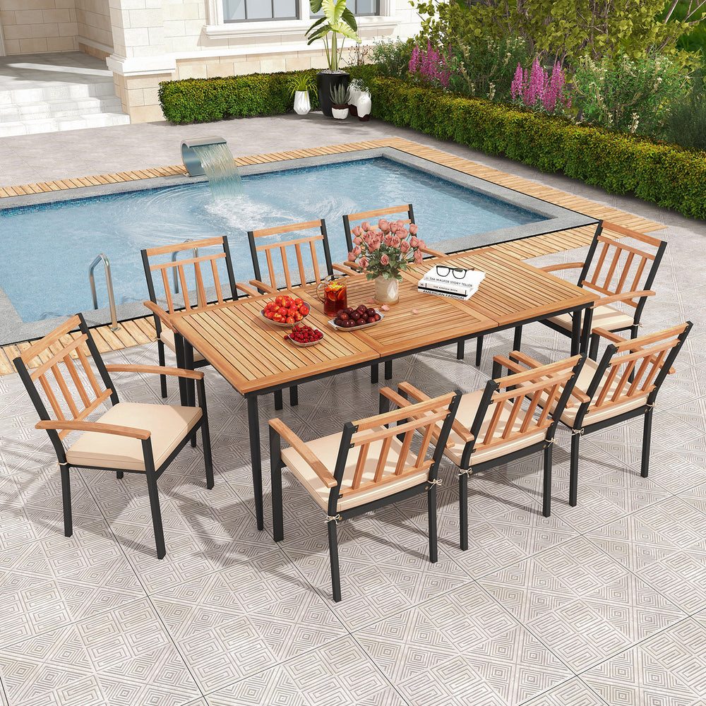 9-piece patio dining set featuring a spacious acacia wood table and 8 comfortable armchairs, perfect for outdoor.