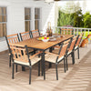 9-piece patio dining set featuring a spacious acacia wood tabletop and 8 comfortable armchairs for outdoor gatherings.