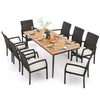 9-piece patio dining set featuring an acacia wood tabletop and 8 rattan-woven chairs with cushions, perfect for outdoor.
