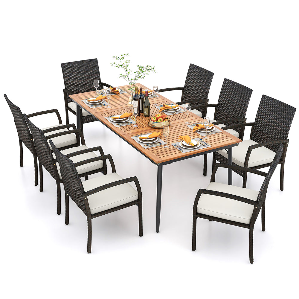 9-piece patio dining set featuring an acacia wood tabletop and 8 rattan-woven chairs with cushions, perfect for outdoor.