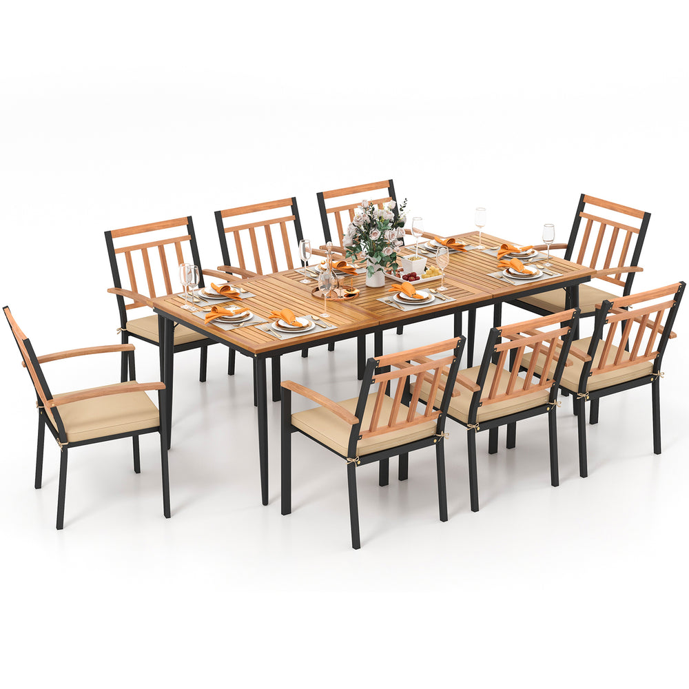 9-piece patio dining set featuring 8 wooden armchairs and a spacious acacia wood tabletop, perfect for outdoor.