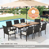 9-piece patio dining set featuring an acacia wood tabletop, 8 rattan chairs with cushions, and a 1.9" umbrella hole.
