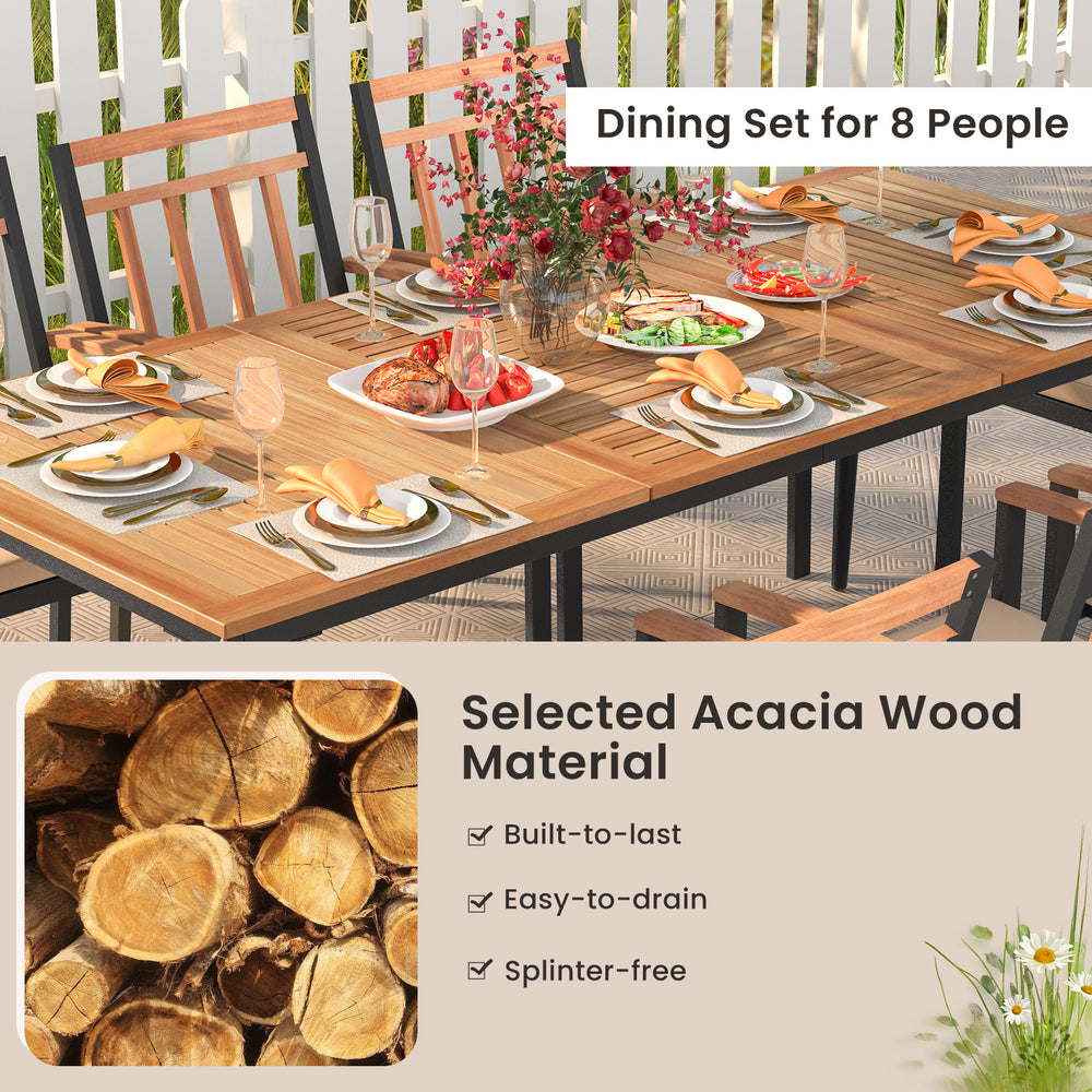 9-piece patio dining set featuring 8 acacia wood armchairs, spacious tabletop, and built-to-last design for outdoor.