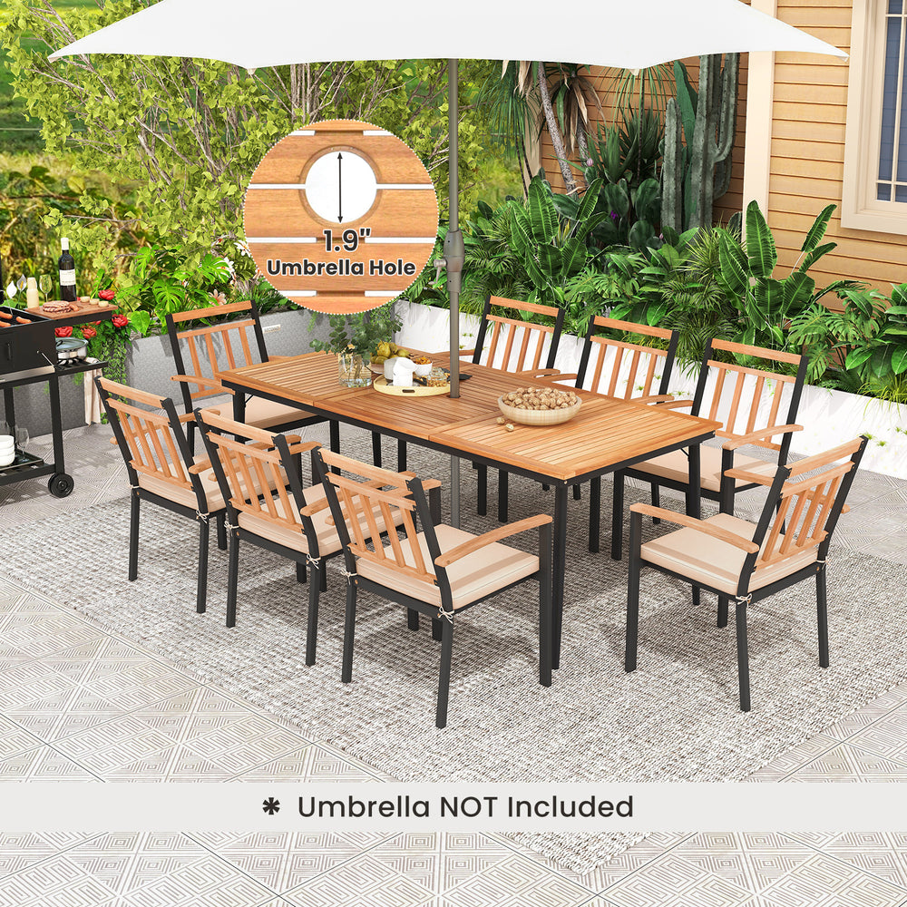 9-piece patio dining set featuring a spacious acacia wood tabletop and 8 comfortable armchairs, perfect for outdoor.