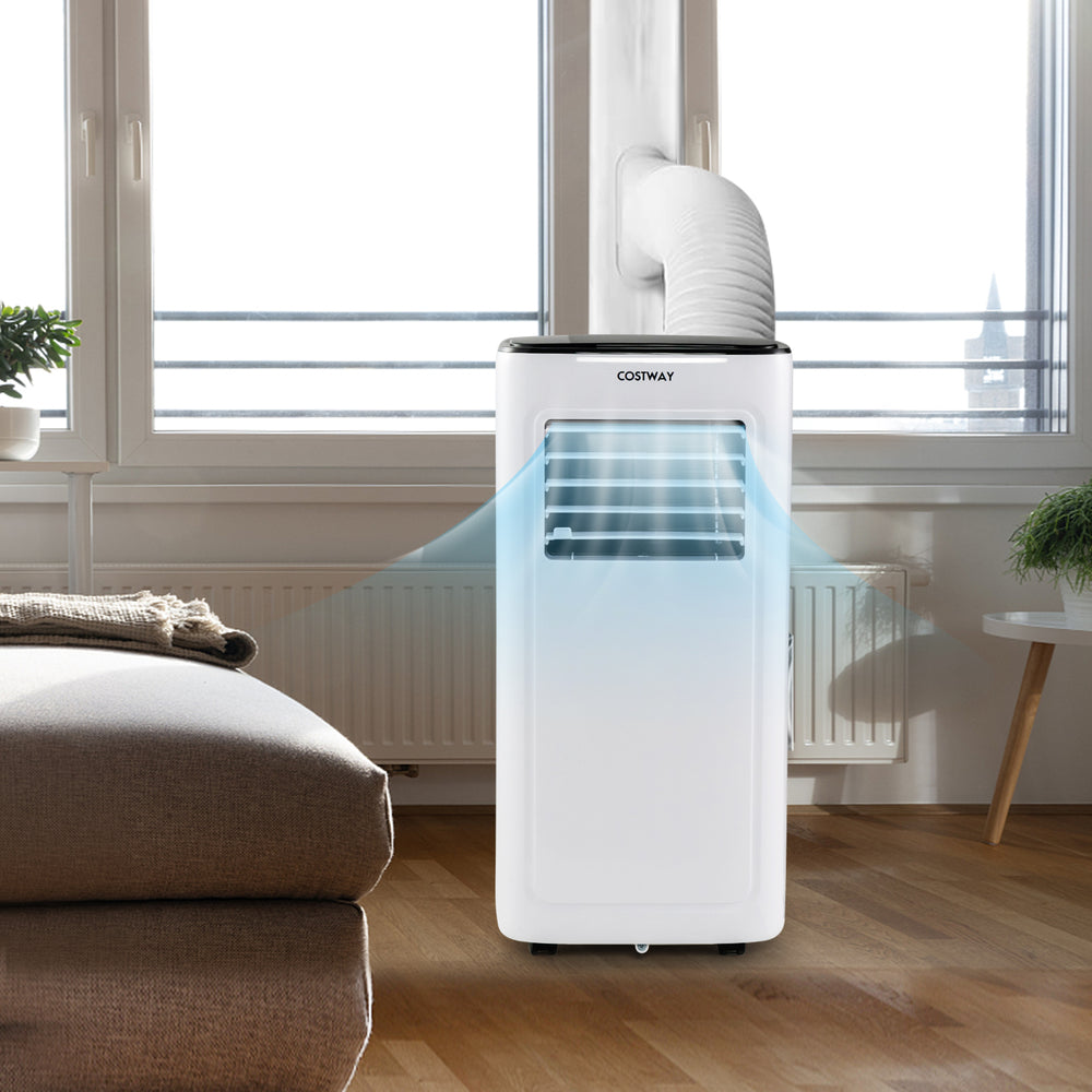 Compact 9000 BTU air conditioner in white with remote control, cooling function, and flexible installation for home use.