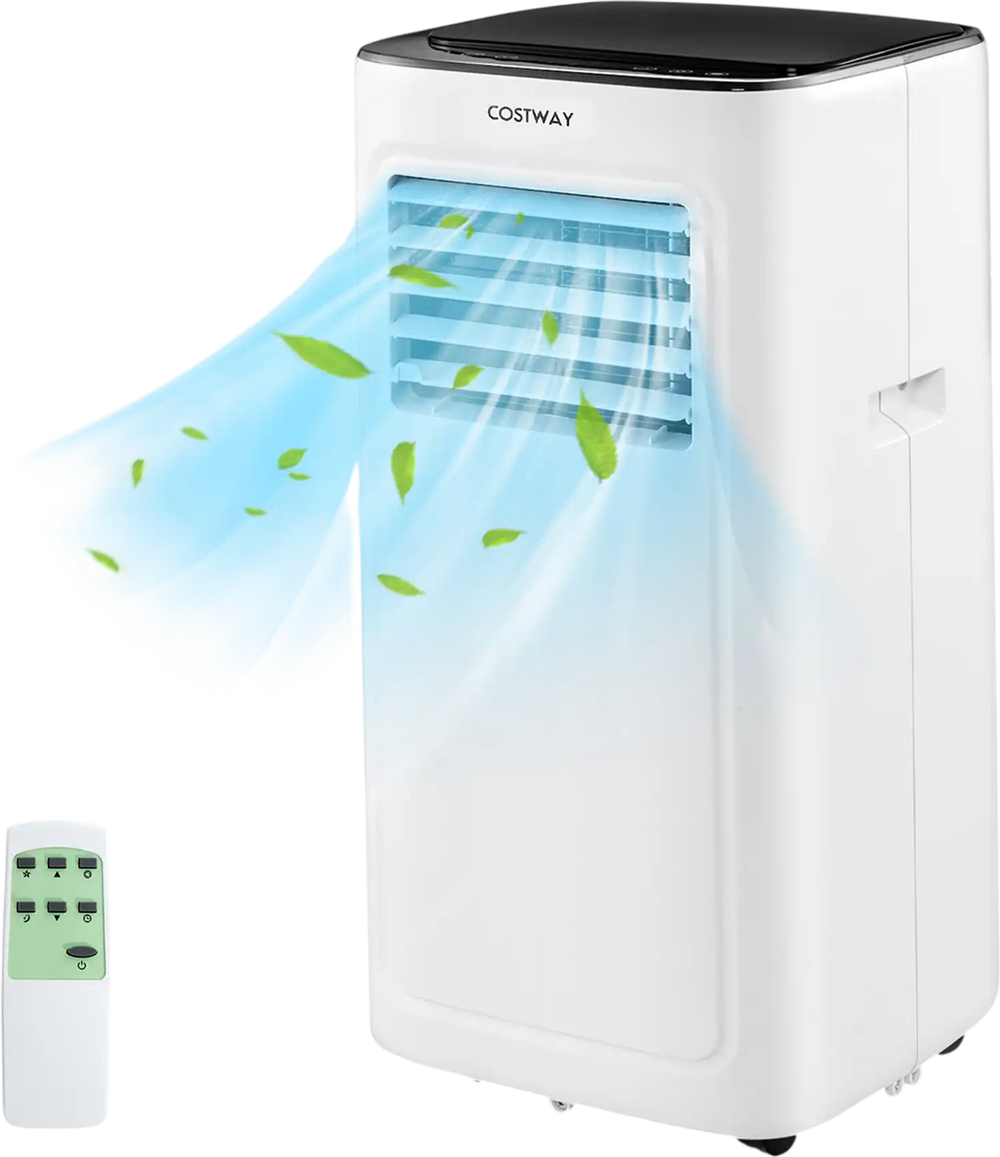 Compact 3-in-1 9000 BTU air conditioner in white with remote control, featuring powerful cooling and dehumidifier.