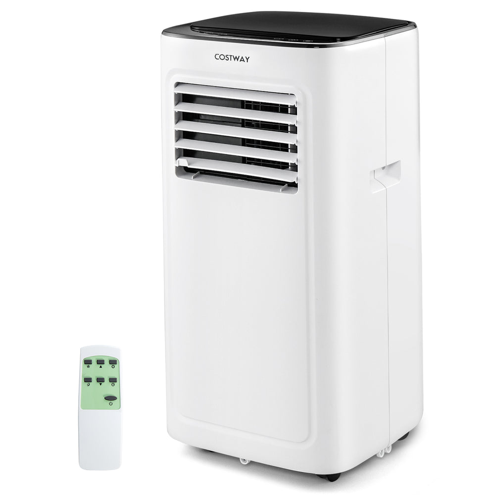 9000 BTU air conditioner in white with remote control, featuring a compact design and 3-in-1 functionality for.