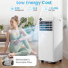 9000 BTU portable air conditioner in white with dehumidifier, featuring a washable filter and low energy cost for efficient cooling.