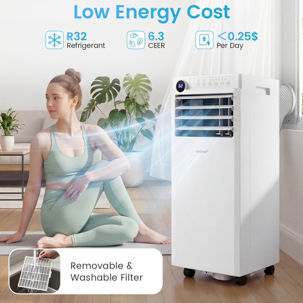 9000 BTU portable air conditioner in white with dehumidifier, featuring a washable filter and low energy cost for efficient cooling.
