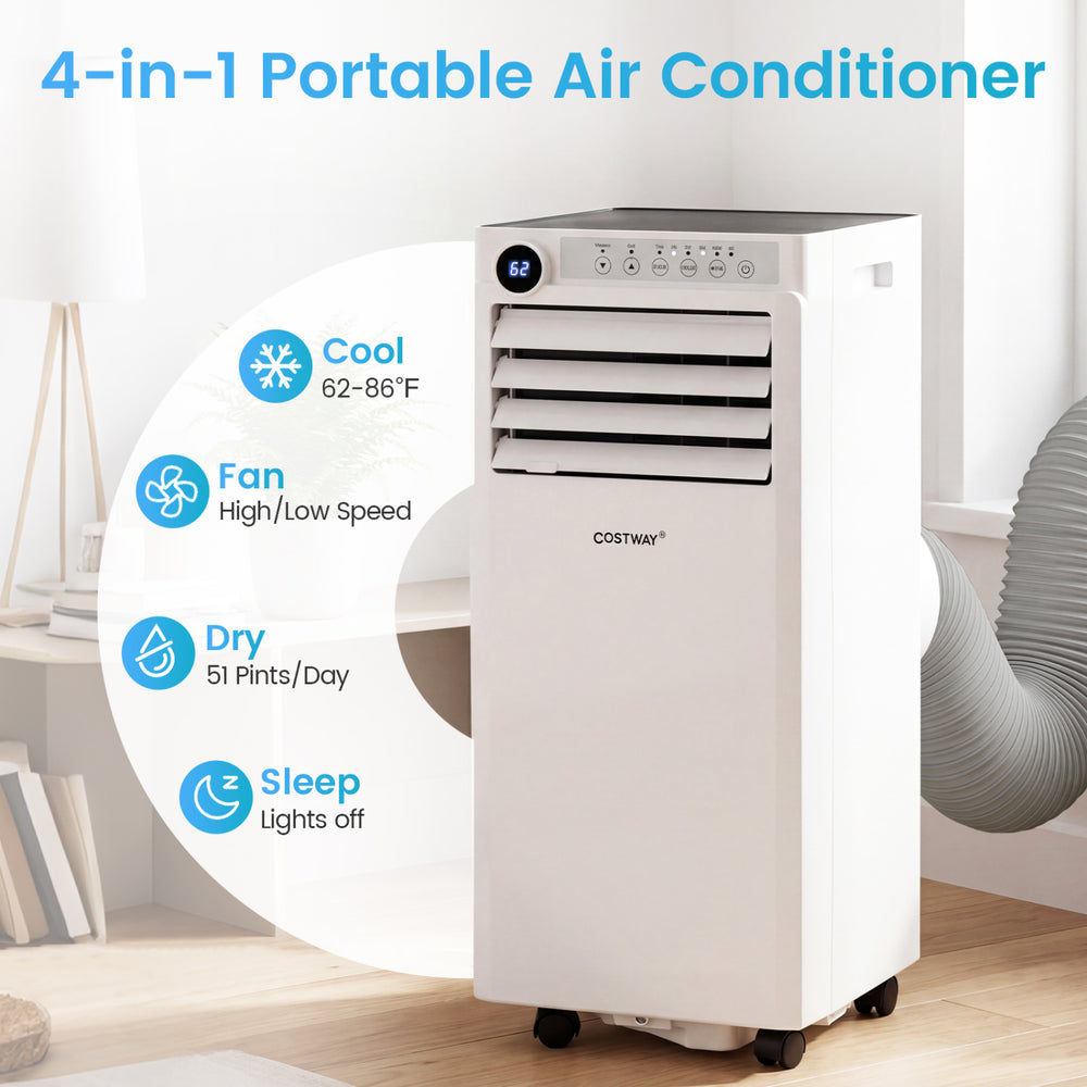 9000 BTU portable air conditioner in white features cooling, fan, dry, and sleep modes for versatile indoor comfort.