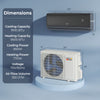 GreyVolt Series 9100 BTU mini split AC unit with dimensions, featuring WiFi control and 4-in-1 functionality for.