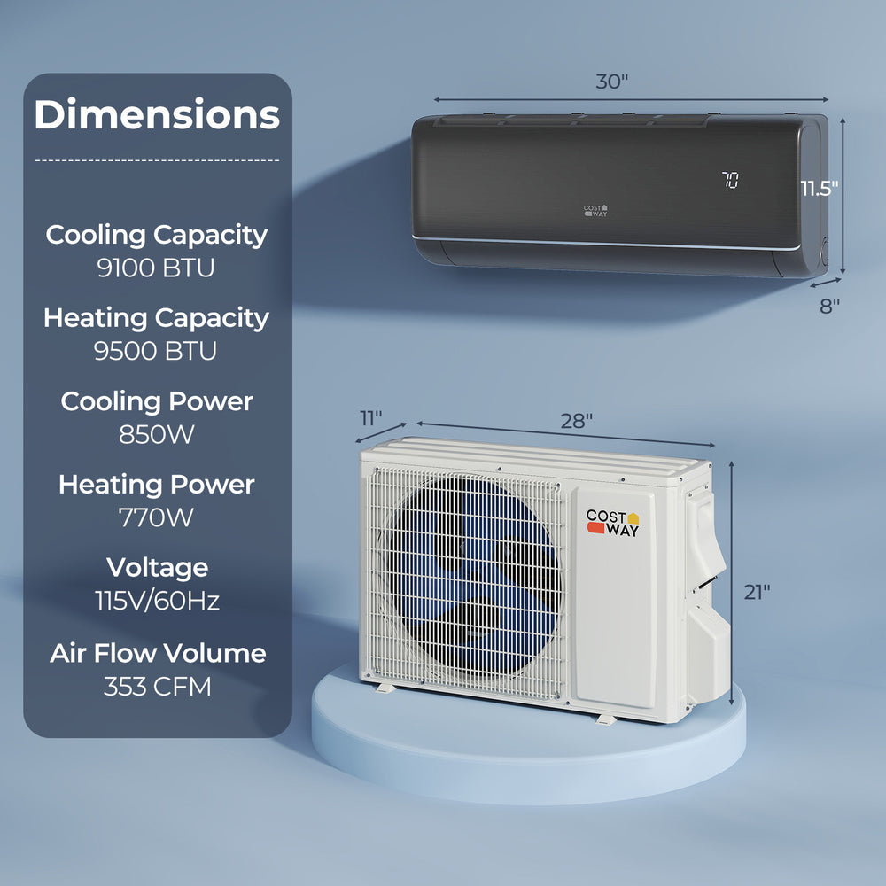 GreyVolt Series 9100 BTU mini split AC unit with dimensions, featuring WiFi control and 4-in-1 functionality for.