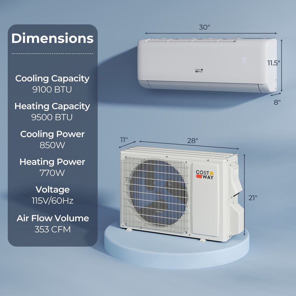 Airtural Series 9100 BTU mini split AC unit with dimensions, showcasing cooling and heating capacities for large rooms.