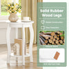 Round 2-tier end table with white finish, rubber wood legs, and storage shelf for living room or bedroom use.