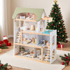 Wooden dollhouse with green roof, featuring 33 furniture pieces and movable stairs for interactive play.