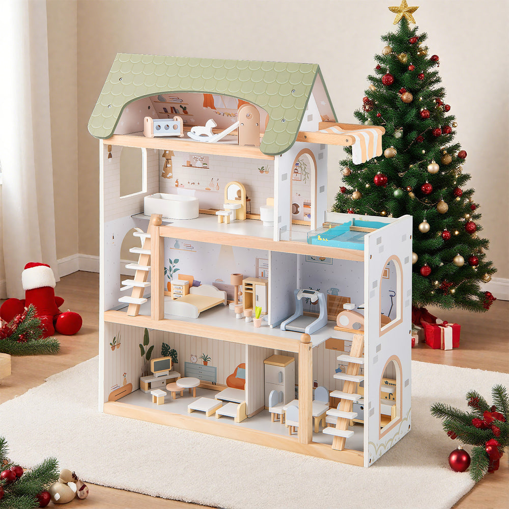 Wooden dollhouse with green roof, featuring 33 furniture pieces and movable stairs for interactive play.