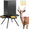 Gravity deer feeder with 90LB capacity, four feeding trays, and a stable 4-leg stand for outdoor use.