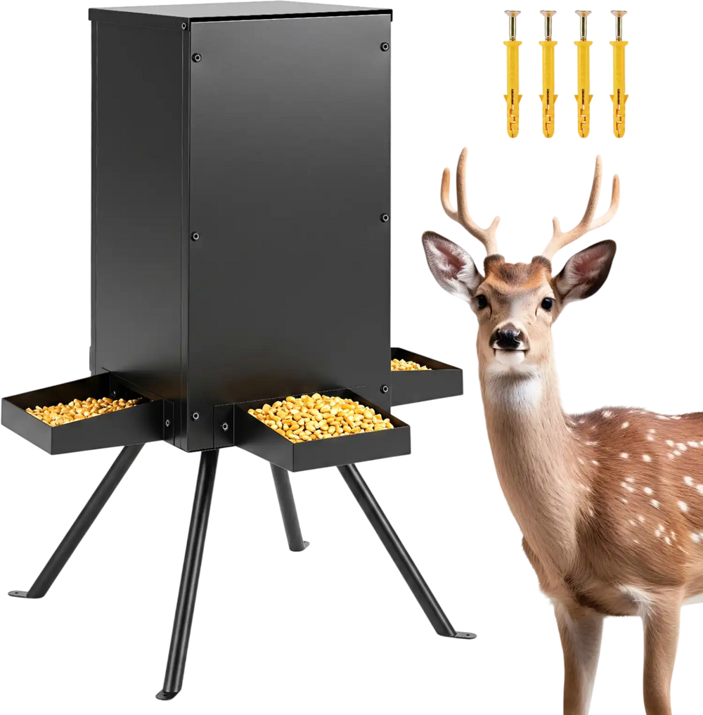 Gravity deer feeder with 90LB capacity, four feeding trays, and a stable 4-leg stand for outdoor use.