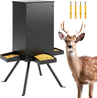 Gravity deer feeder with 90LB capacity, four feeding trays, and a stable 4-leg stand for outdoor use.